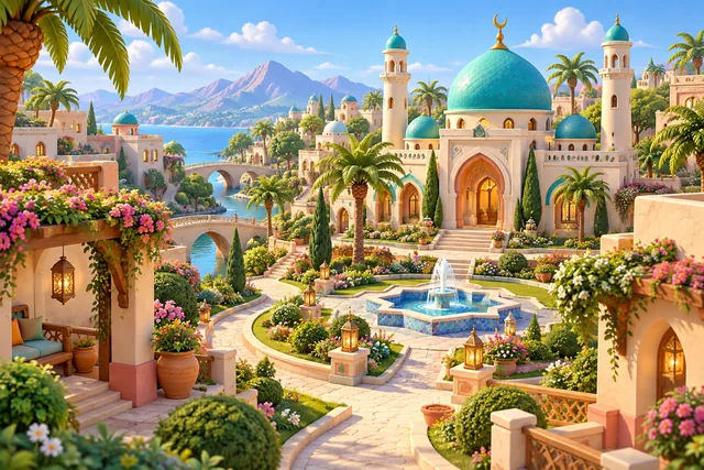 A sunny garden with flowers, palms and a mosque
