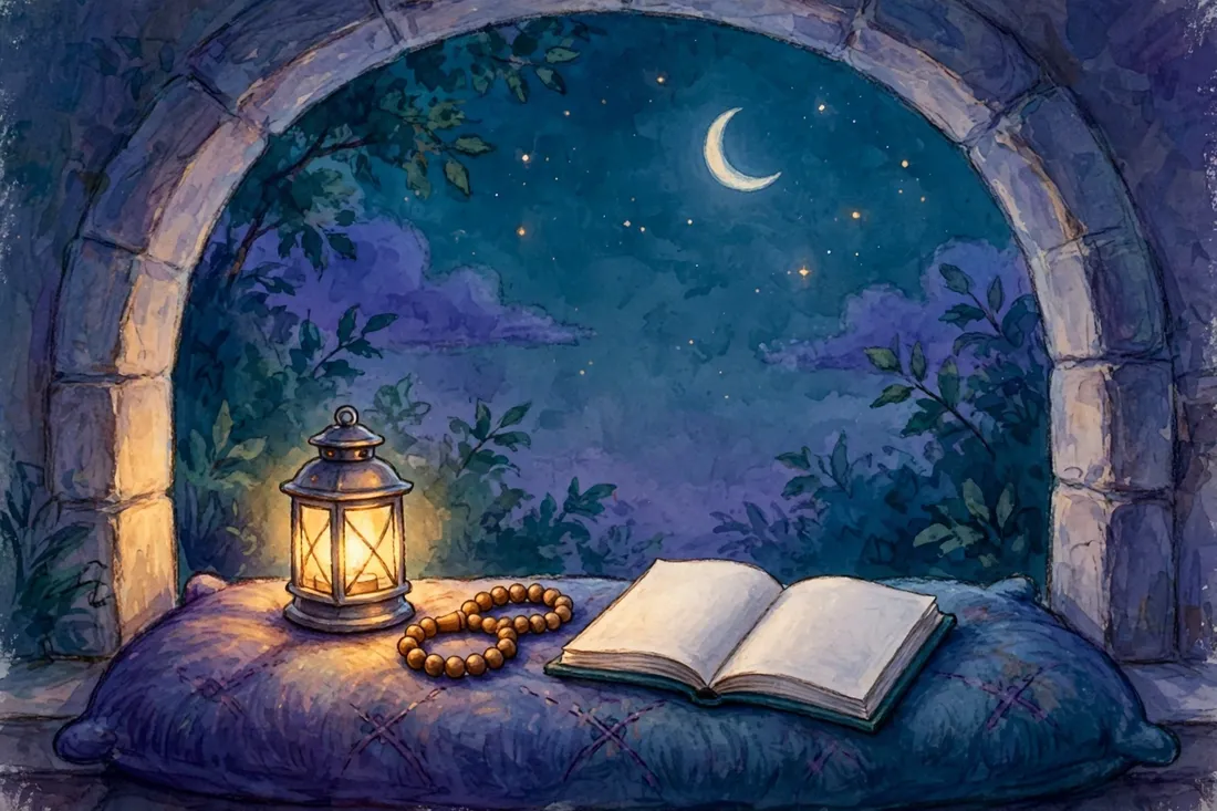 A lantern and prayer beads beside an open book under a crescent moon