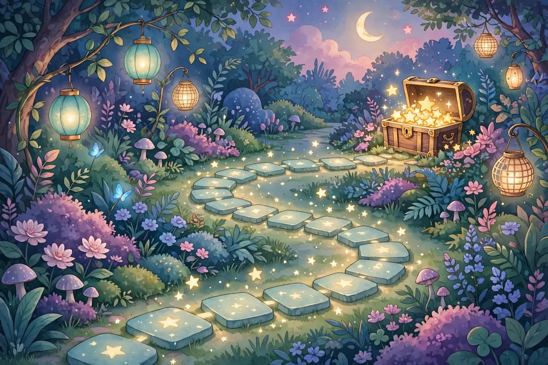 A glowing stepping-stone path through a twilight garden to a chest of stars