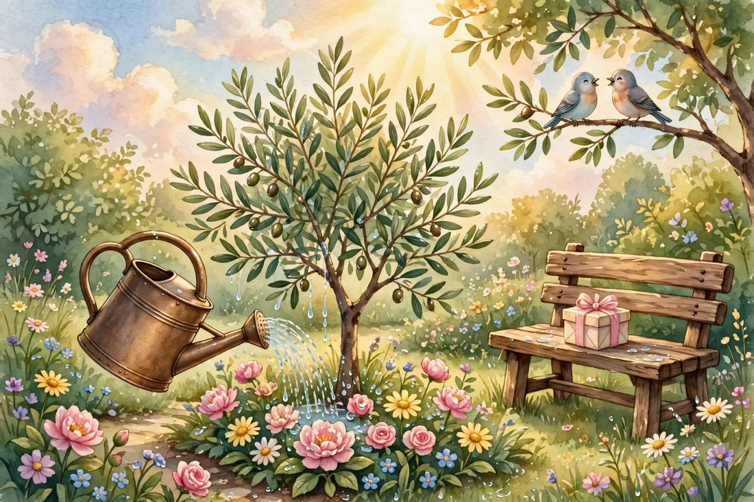 A watering can watering flowers by an olive tree, with a gift on a bench