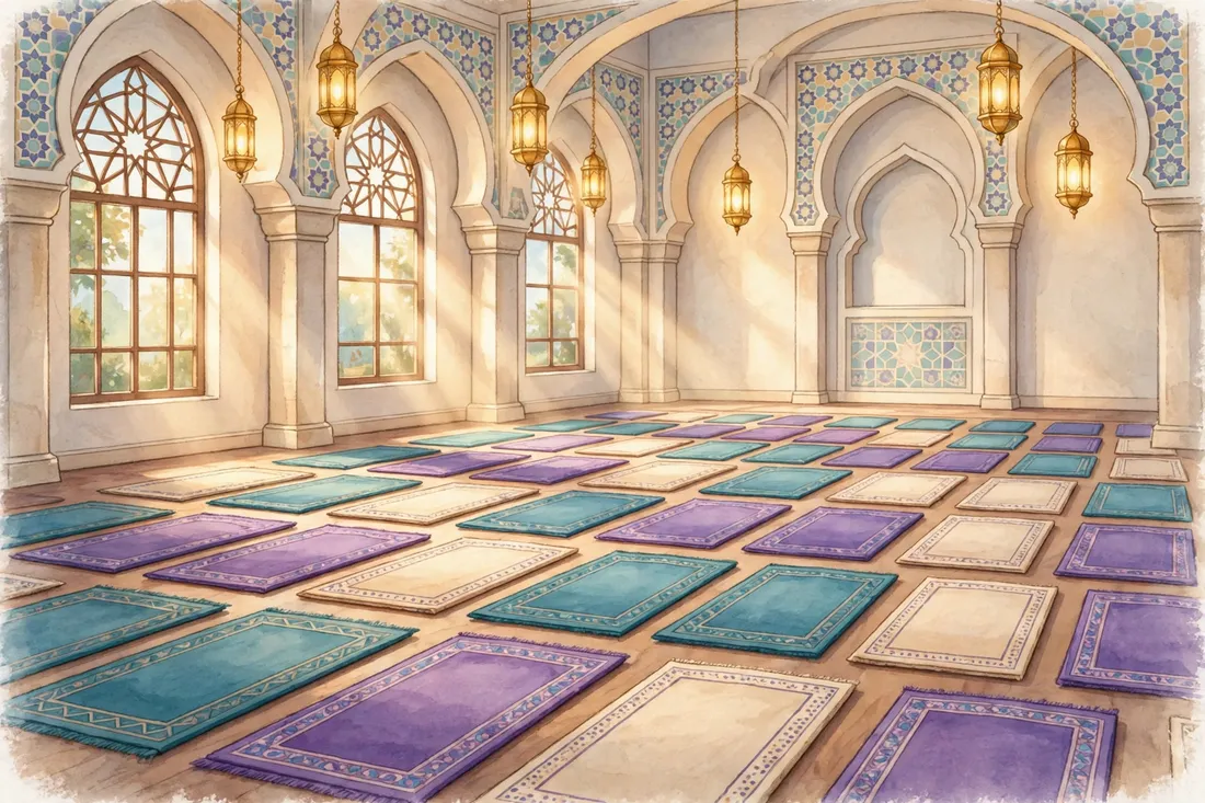 Rows of colourful prayer mats inside a masjid with arches and lanterns