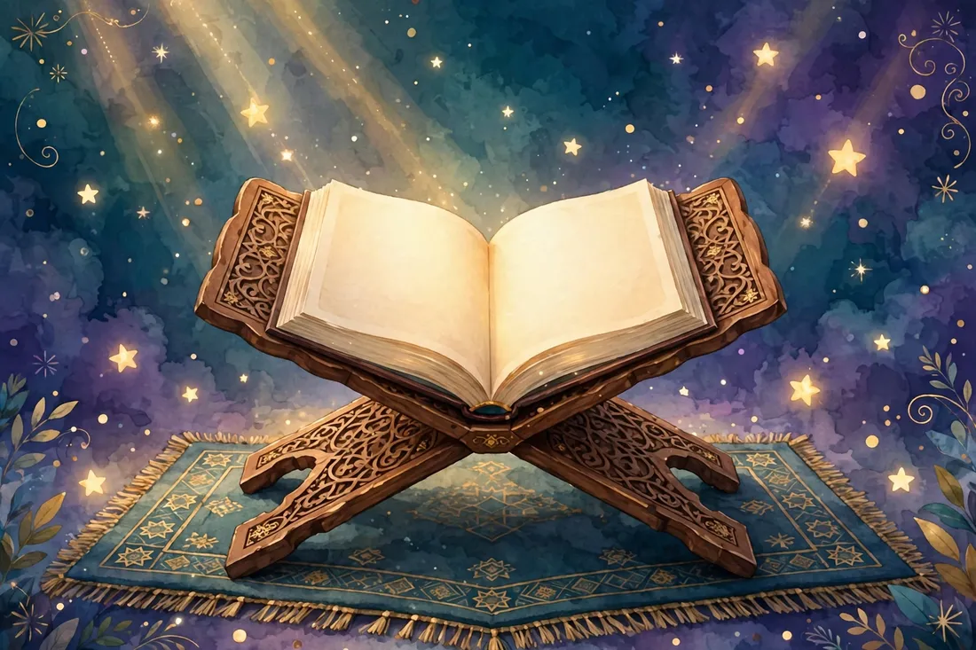 An open Quran on a carved wooden stand under soft rays of light and stars