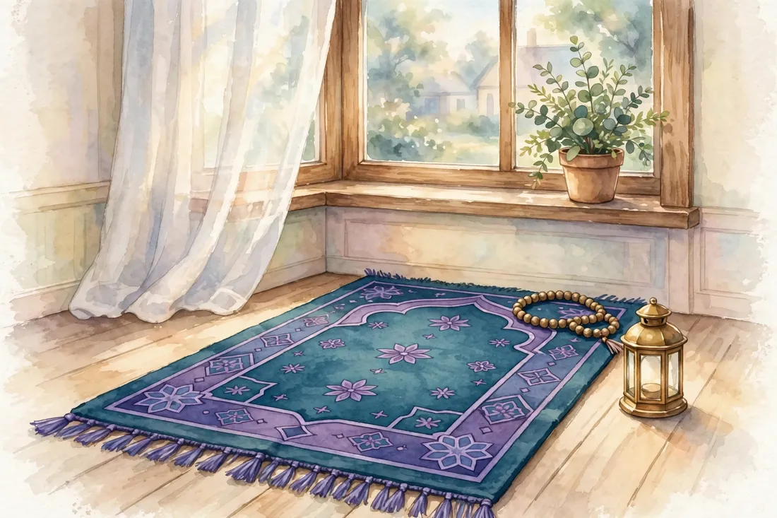 A prayer mat laid out by a sunny window with a lantern and prayer beads
