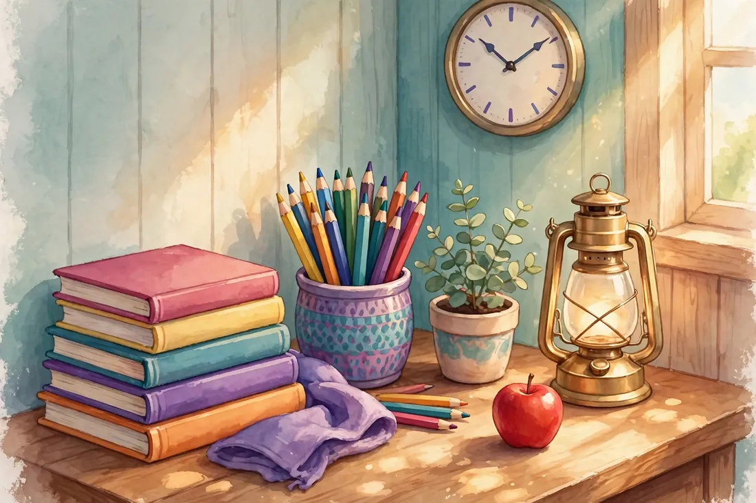 A teacher's desk with storybooks, coloured pencils, a lantern and an apple