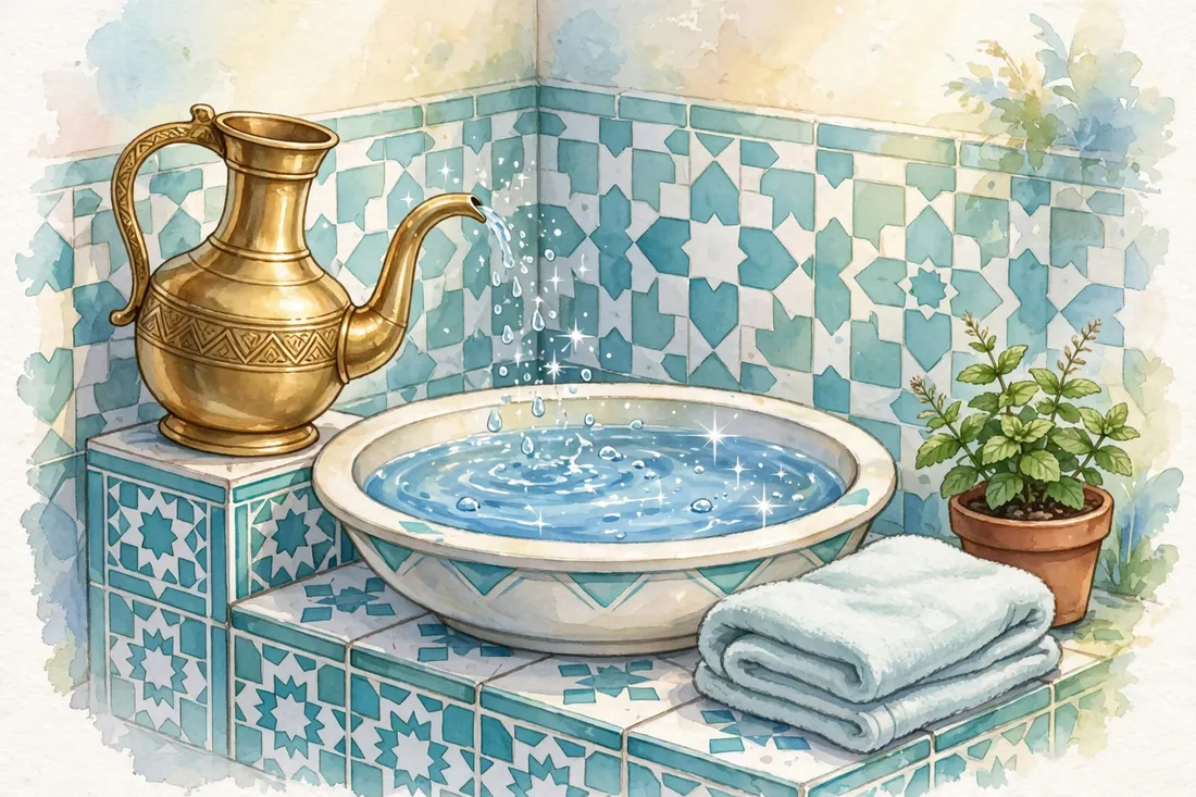 A brass jug pouring sparkling water into a basin in a tiled wudu corner
