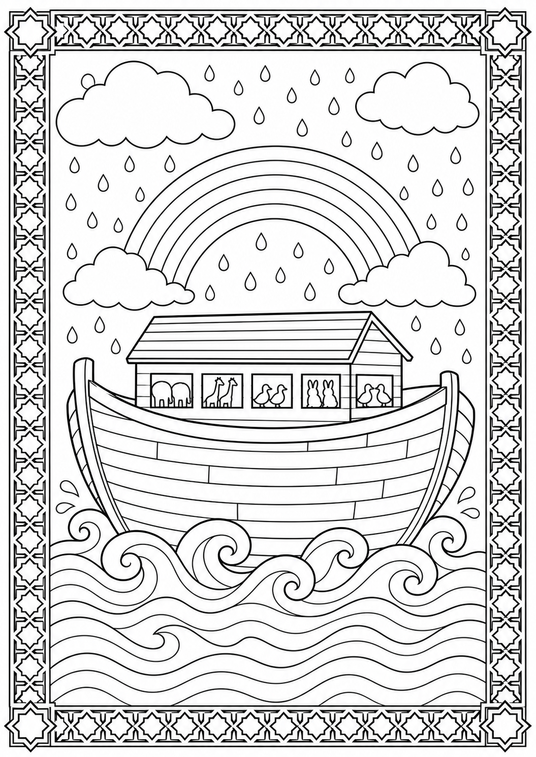 AI-generated symbolic coloring page: Ark and Waves; no eyes, people, prophets, or sacred figures