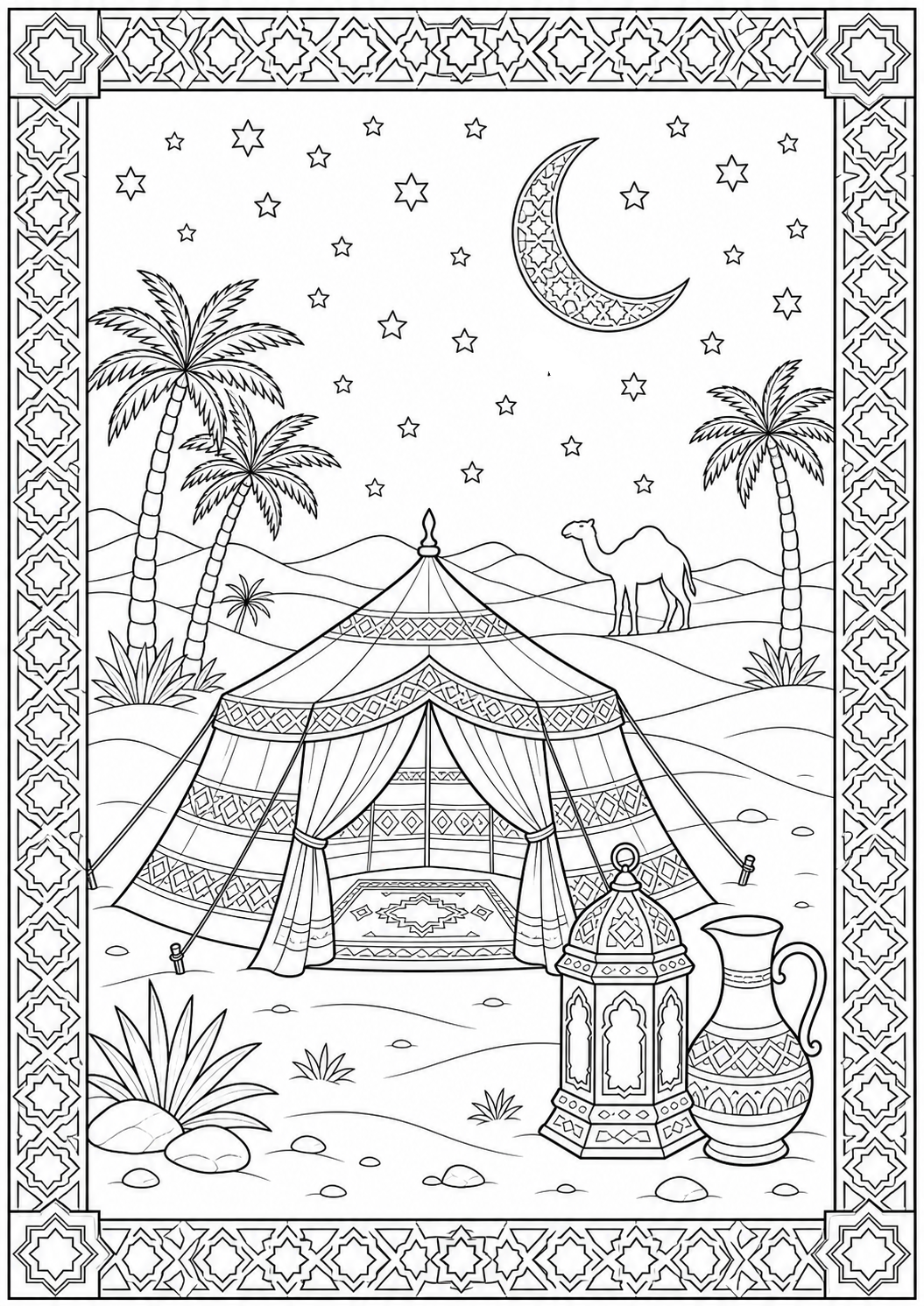 AI-generated symbolic coloring page: Desert Stars; no eyes, people, prophets, or sacred figures