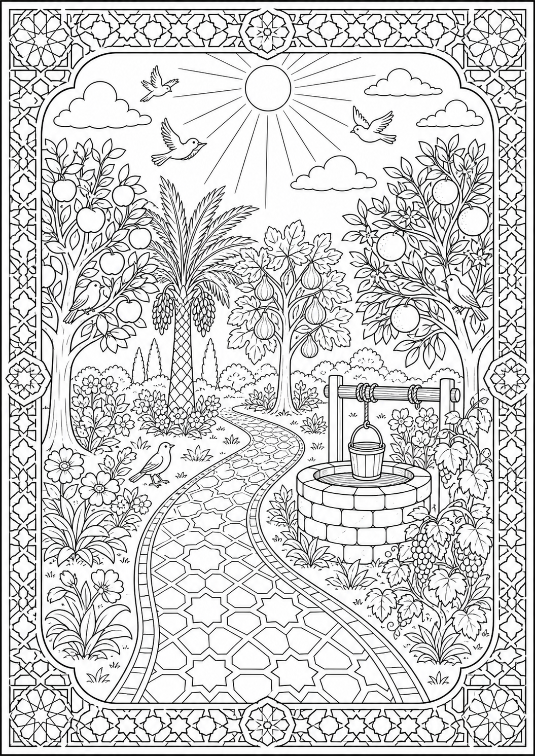 AI-generated symbolic coloring page: Garden of Gratitude; no eyes, people, prophets, or sacred figures