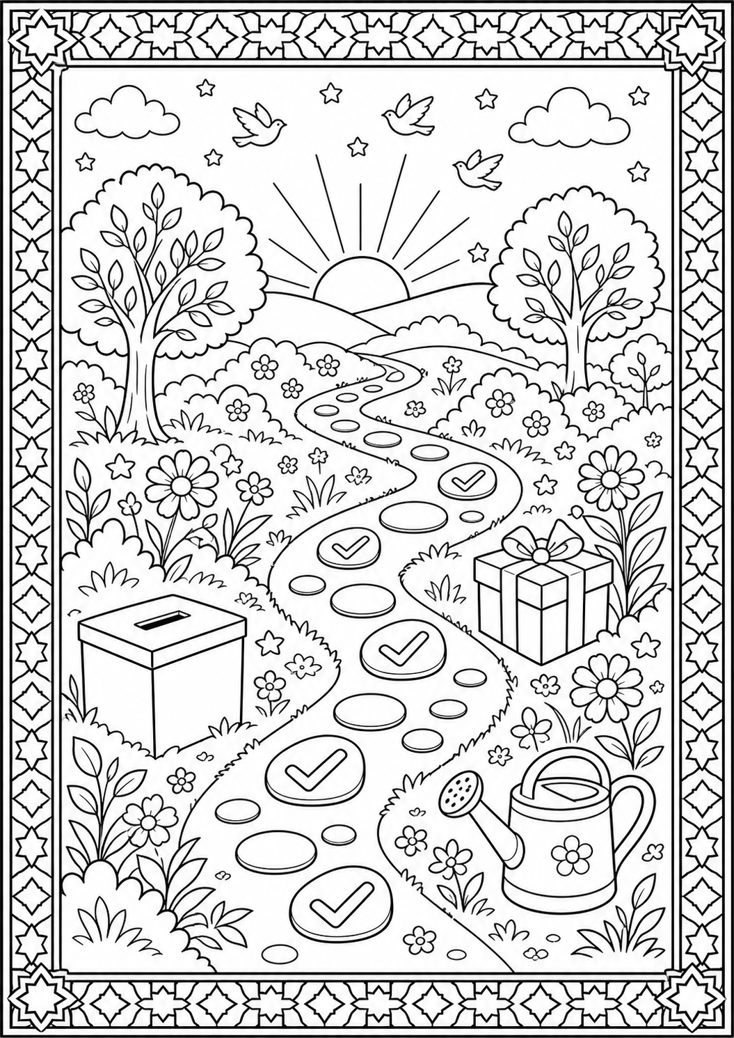 AI-generated symbolic coloring page: Good Deeds Path; no eyes, people, prophets, or sacred figures