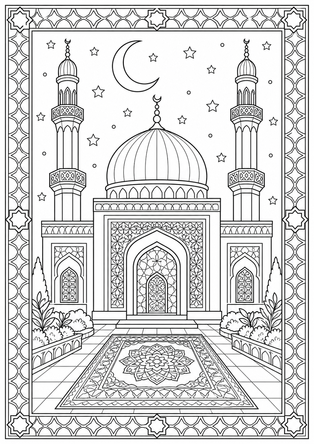 AI-generated symbolic coloring page: Masjid Geometry; no eyes, people, prophets, or sacred figures